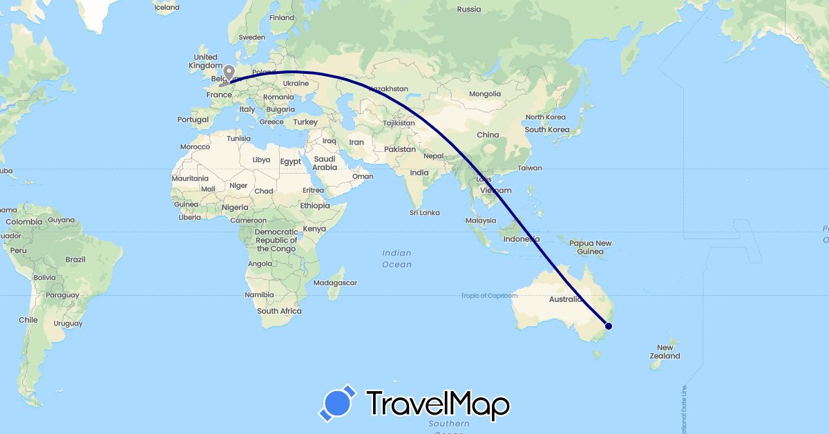 TravelMap itinerary: driving, plane in Australia, Belgium, France (Europe, Oceania)